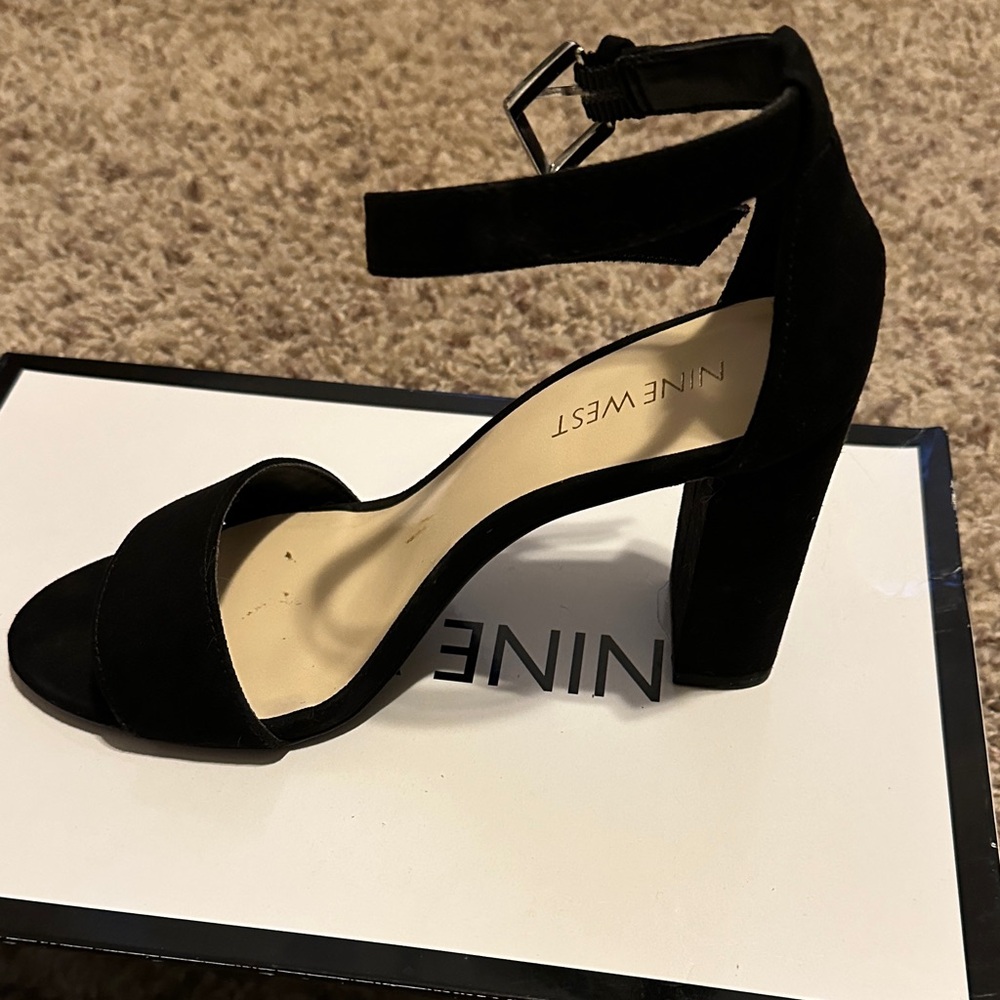 Nine West Black Suede Block Heel Sandals with Ankle Strap